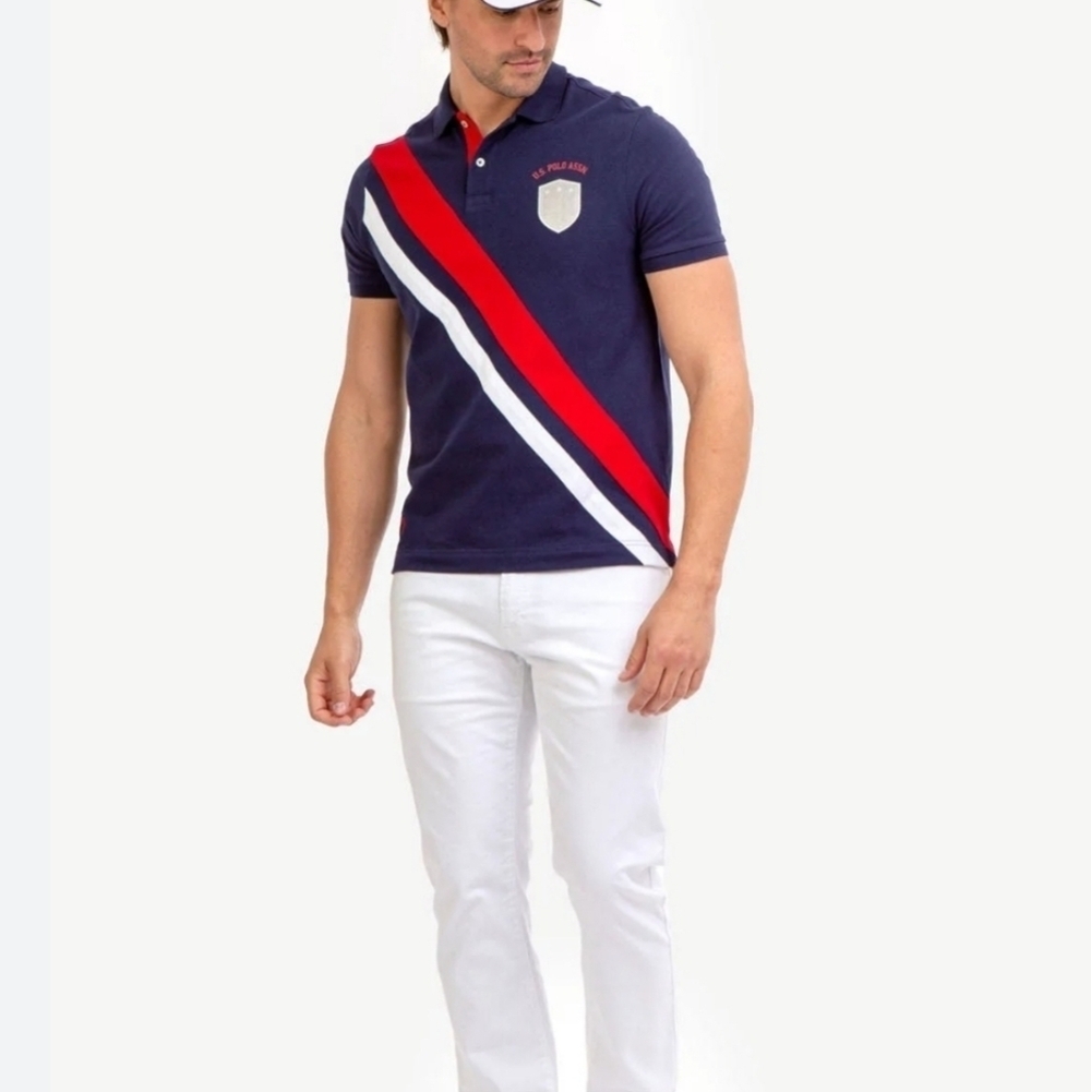 U.S. Polo Assn. Diagonal Stripe Pique Polo Shirt Blue & Red NWT Size XL - Picture 15 of 15